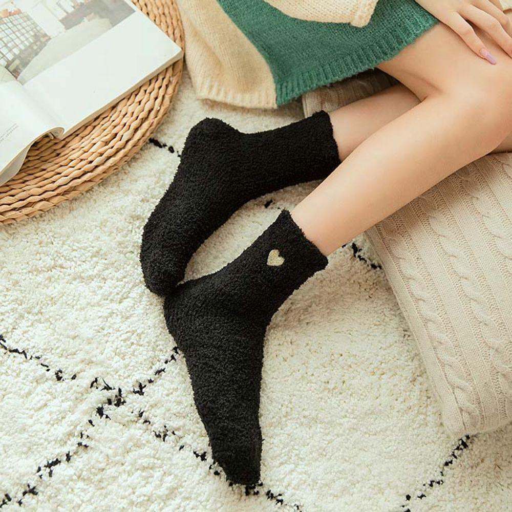 Color Sweet Girls Love Embroidery Coral Fleece Socks Female Hosiery Cute Floor Socks Mid-tube Socks