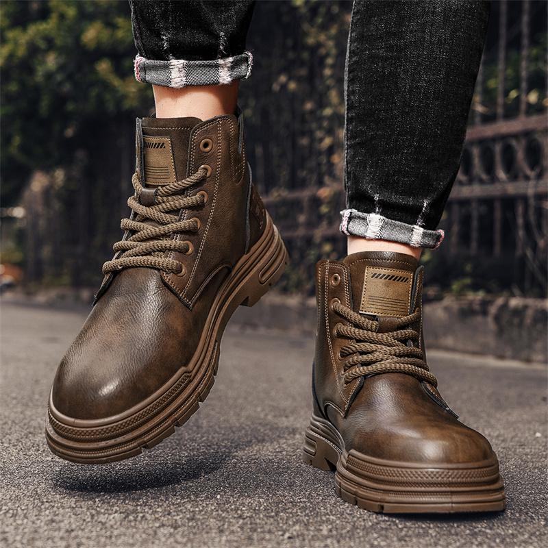 Modne Casualowe Buty Motocyklowe Botki Męskie Mokasyny Wysokie Okrągły Nosek Skórzane Buty Bezpieczne Wysokie Buty Męskie Buty Casualowe Moda Zimowa