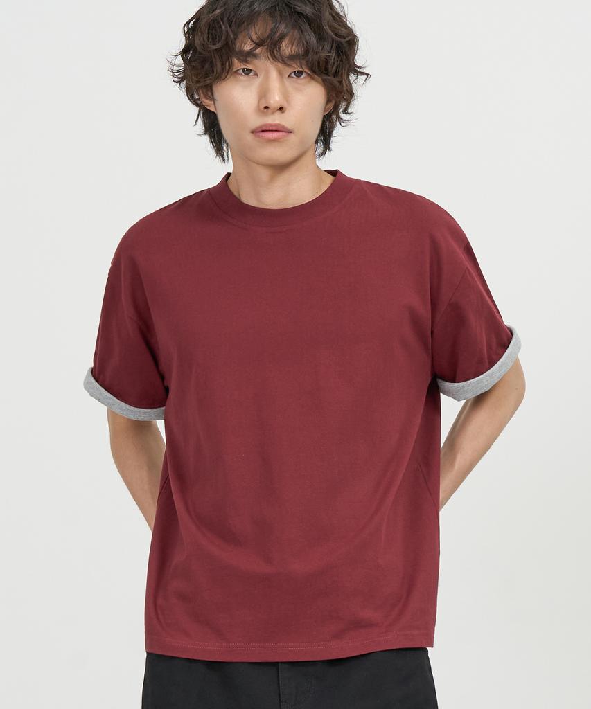 EXCONTAINER Sleeve Layered Crop Half T-Shirt (Burgundy)