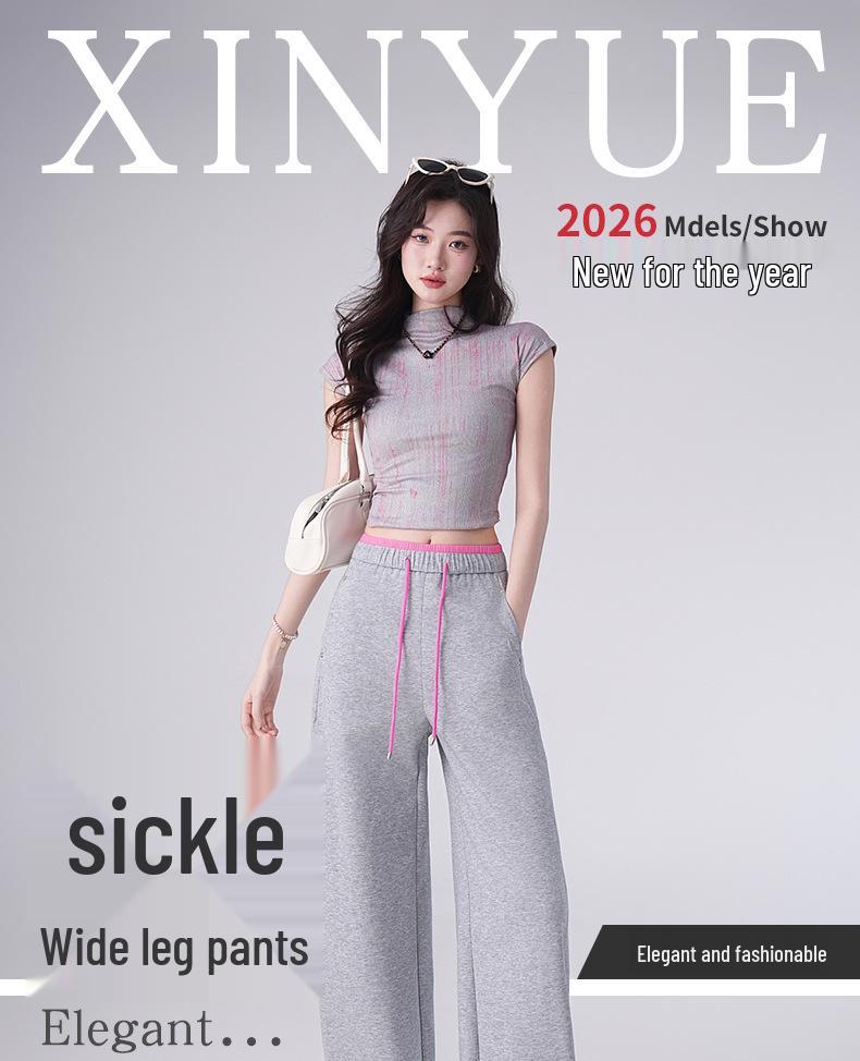 Women's High-Waisted Wide Leg Sweatpants - Korean Style, Spring/Summer 2026, Solid Color, Slimming Curve Design