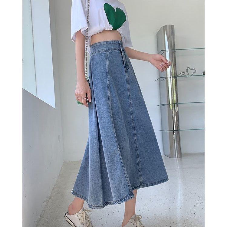 Spring Autumn Women's Fashion High Waist Casual Denim Skirt Mid-length A-line Skirt
