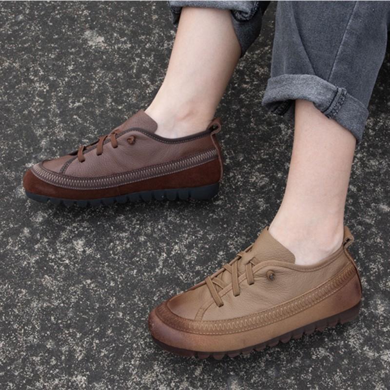 Johnature Retro Genuine Leather Casual Shoes Lightweight Soft Soled Non Slip Versatile Women's Slip-on Shoes