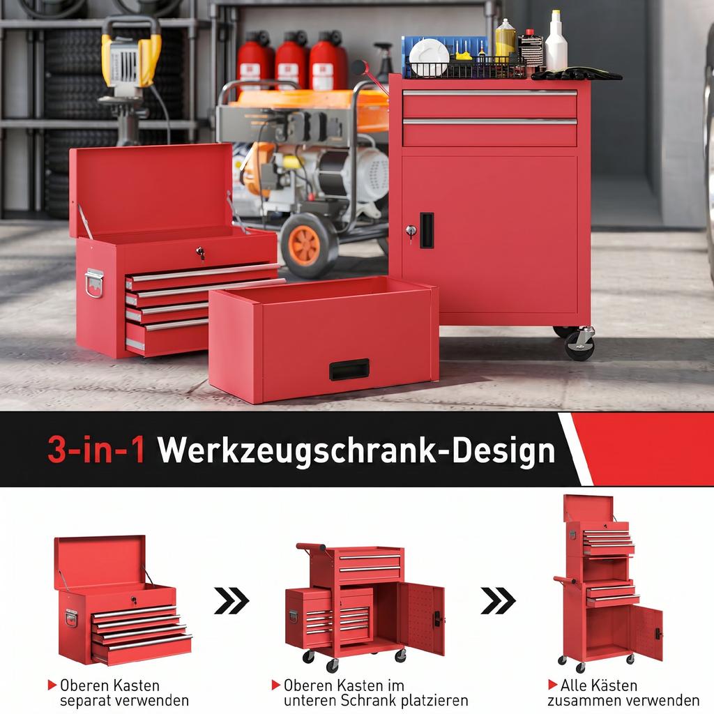 Three-Part Steel Locking Tool Chest - Red