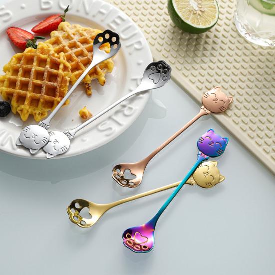 Cat Coffee Spoon, Stainless Steel Cat Paw Claw Teaspoon, Multi-Color Electroplated Stirring Spoon, for Ice Cream Yogurt Dessert