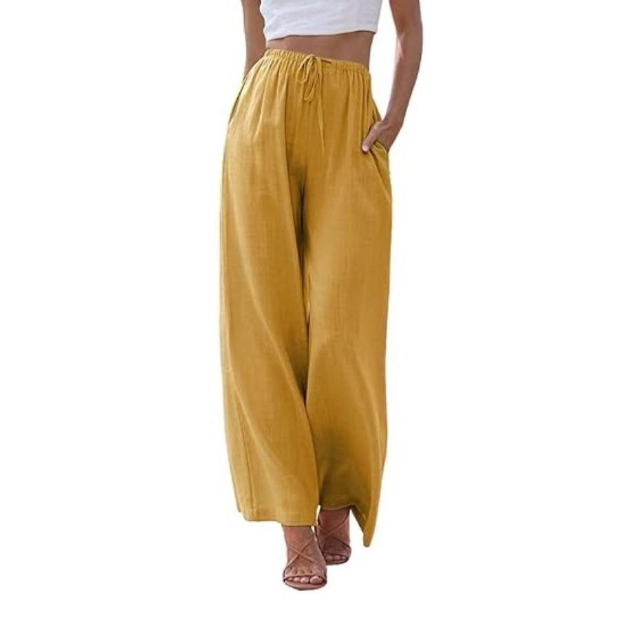 Pantaloni di grandi dimensioni da donna in cotone e lino, pantaloni larghi con elastico in vita, casual, con coulisse e tasche, a gamba larga