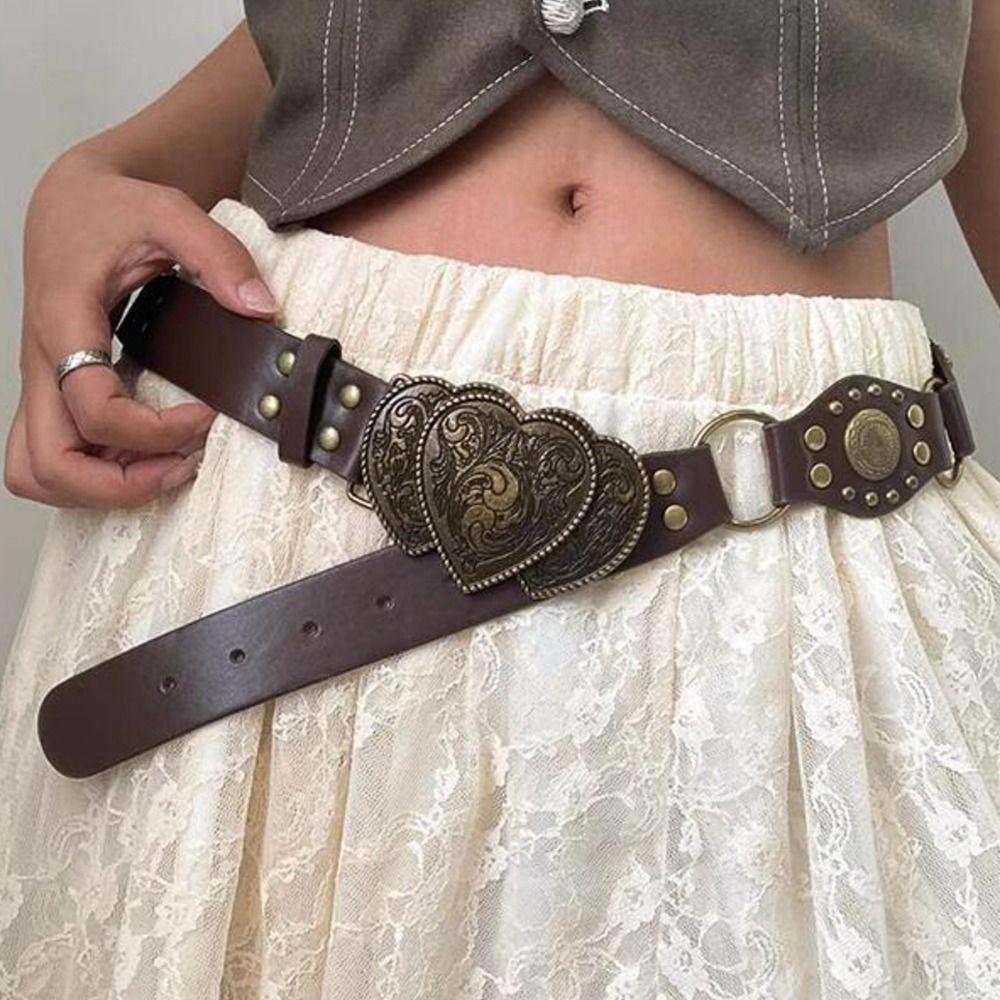 Fashion Metal Buckle PU Leather Belt Rivet Adjustable Vintage Waist Belts Hollow Wide Waistband Punk Fashion