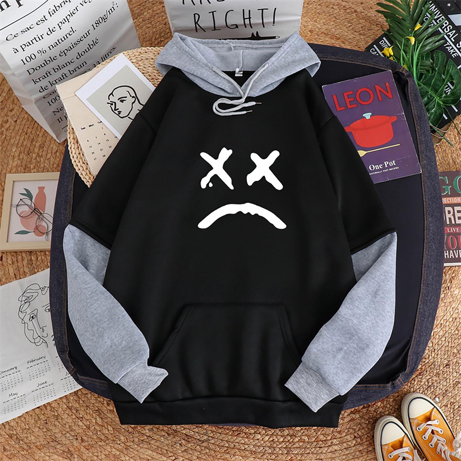 

Women s Casual Print Splicing Hooded Sweatshirt Loose Sports Tops Pullover XXL чёрный