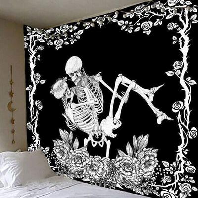Tapestry Large Black and White Blanket with Skeleton and Flower