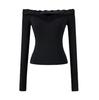 Lace One-word Shoulder Long-sleeved T-shirt Women's Spring and Summer New American Spice Girl Solid Color Splicing Bottoming Shirt Top
