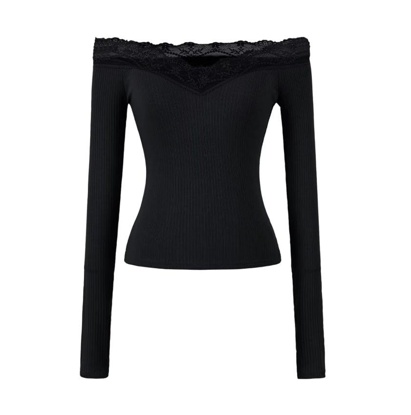 Lace One-word Shoulder Long-sleeved T-shirt Women's Spring and Summer New American Spice Girl Solid Color Splicing Bottoming Shirt Top