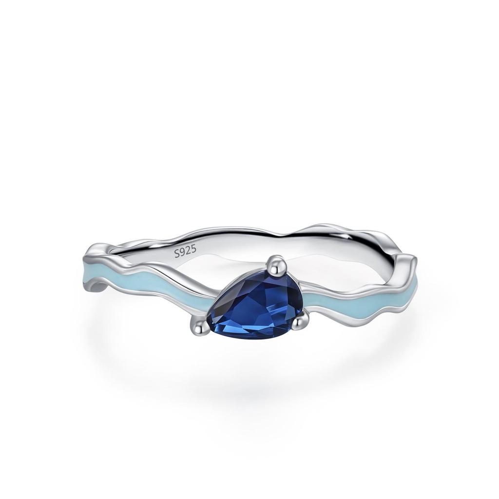 Women's Retro S925 Silver Sapphire Teardrop Ring: Luxury Blue Enamel Geometric Design for Index Finger