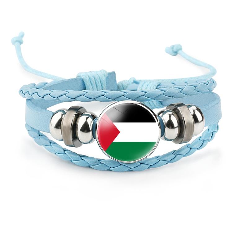 Palestinian Flag Design Gemstone Multi-layer Leather Bracelet Handcrafted Leather Rope Wristband Wholesale
