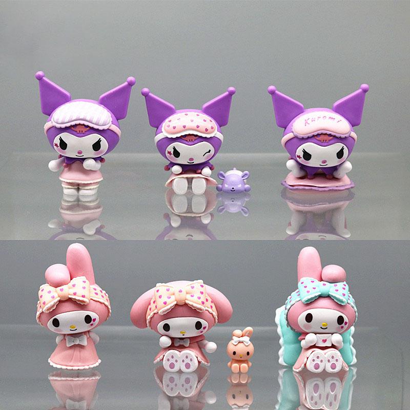 

6pcs Cute Kuromi Figures My Melody Toy Pajamas Series Collection Home Decorate For Children Christmas Gift