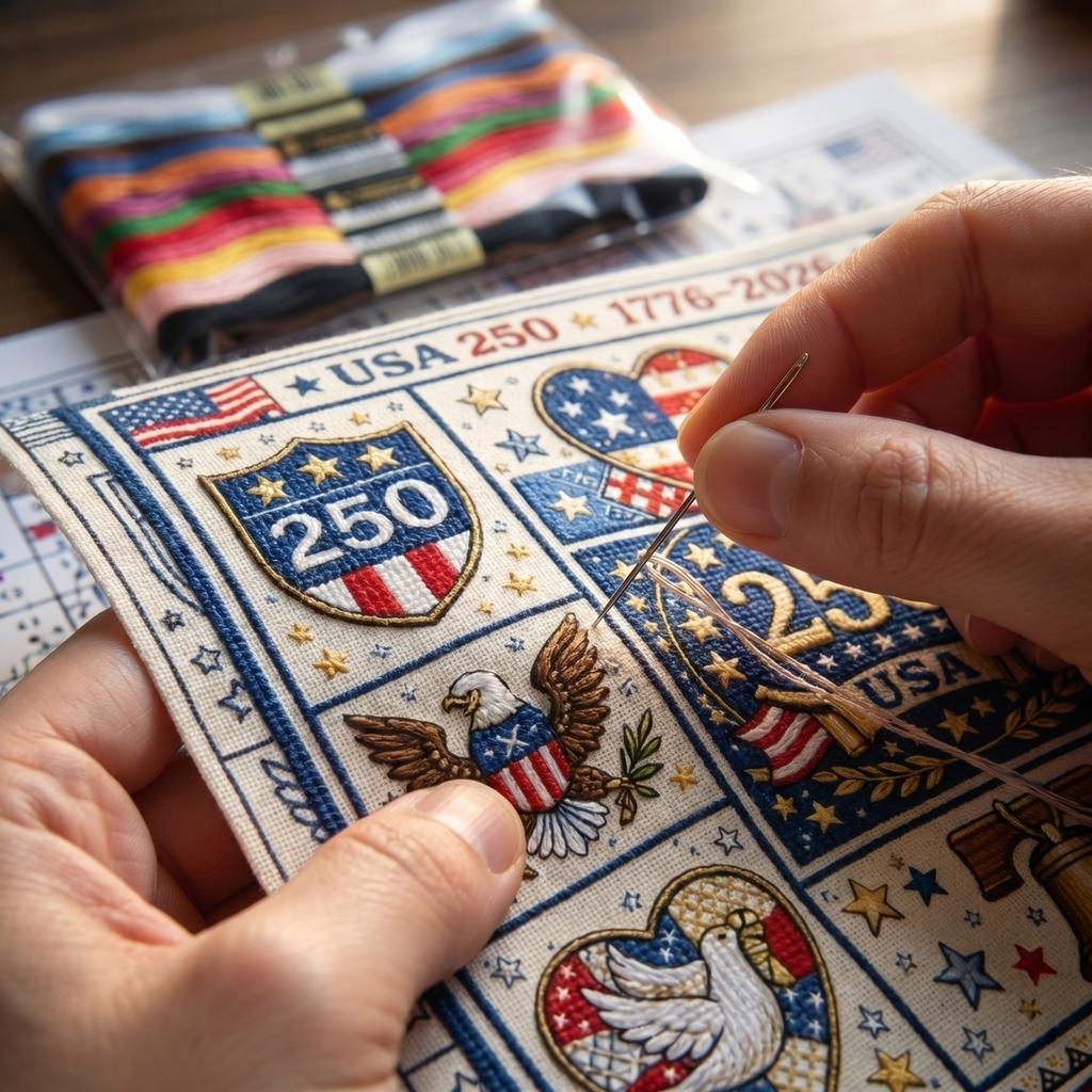 USA 250 Years Freedom Embroidery Kit with Preprinted Fabric Thread Needles and Pattern for Craft Projects
