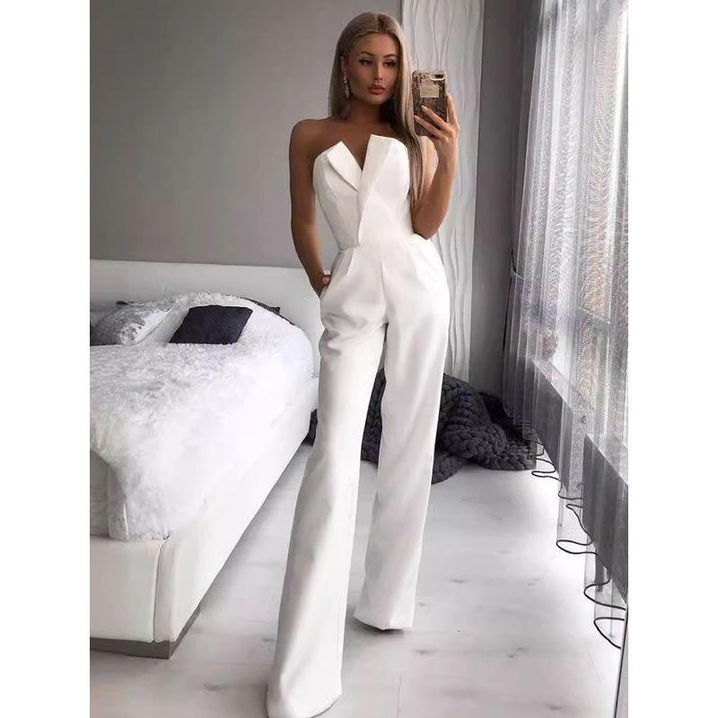 European and American Fashion Temperament Slim fit Slimming Sleeveless Jumpsuit Solid V-neck Wrap-around Sexy Jumpsuit Dress Women