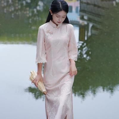 2025 Autumn Elegant Pink Cheongsam with Large Sleeves - Youthful Chinese Style Dress