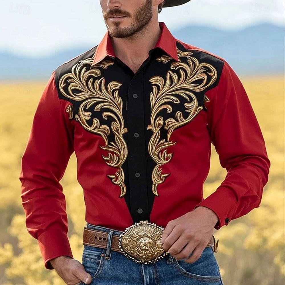 Vintage Men's Floral Print Flowers Shirt Western Shirt Cowboy Shirt Button Up Shirts Long Sleeve Casual 3D Print Collared Shirt