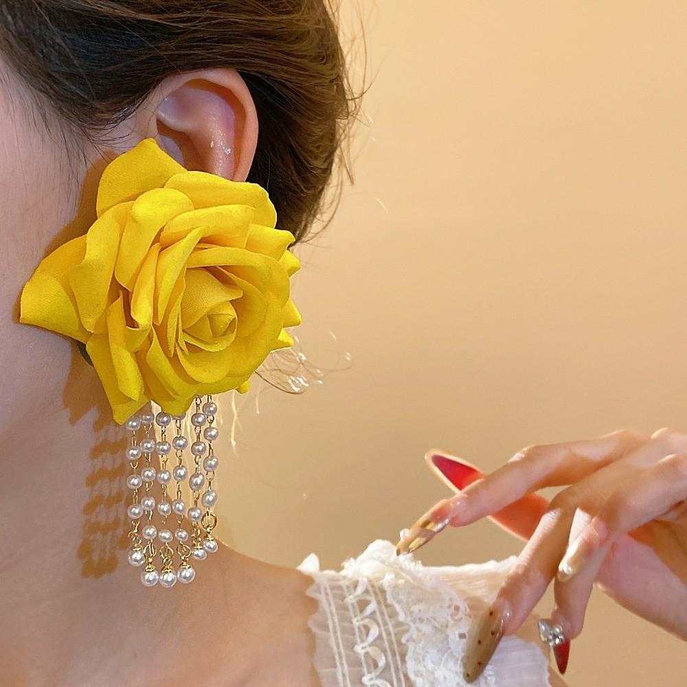 1 pair Bohemian Style Yellow Rose Earrings Chinese Rose Earrings  Festival Ear Accessories