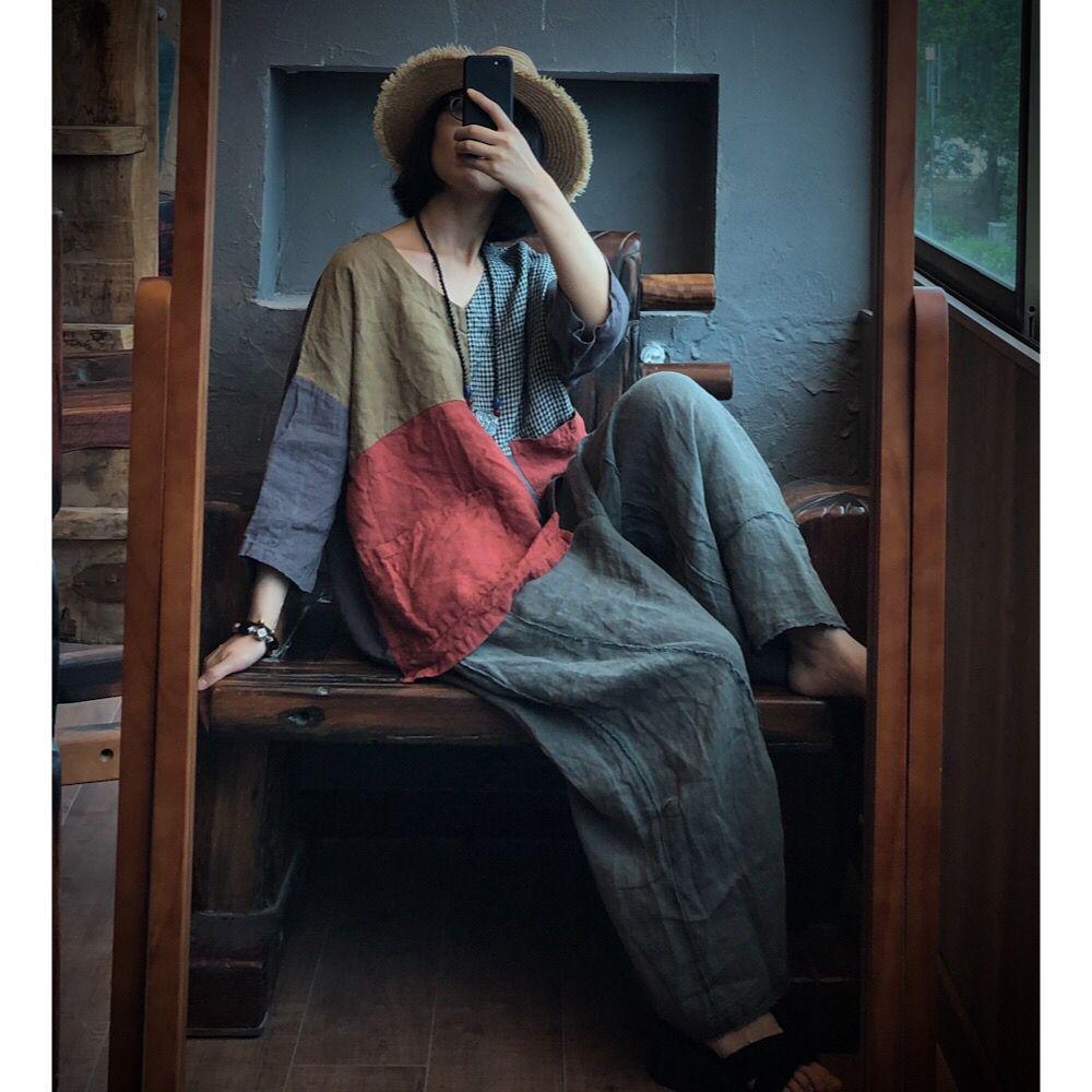 Ancient Mud Patchwork Loose Linen Top - Women's Plus Size Artistic Black & White Plaid Shirt