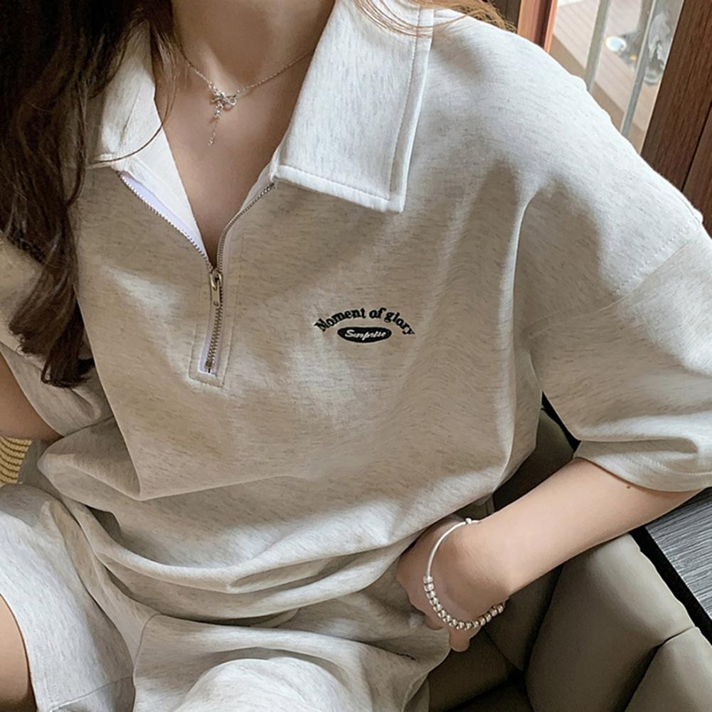 2 Pcs/Set Women Summer Sweatshirt Pants Set Short Sleeve Zippered Turn-down Collar Top Drawstring Elastic Waist Loose Sweatpants