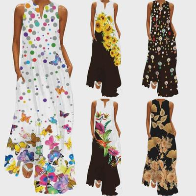 2024 Sleeveless V-Neck Butterfly Print Long Dress for Women