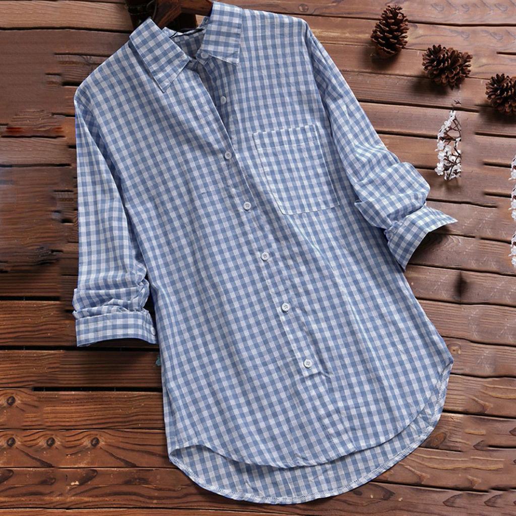 Women's Casual Loose Plaid Long Sleeve Pocket Plaid Lapel Vintage Shirt