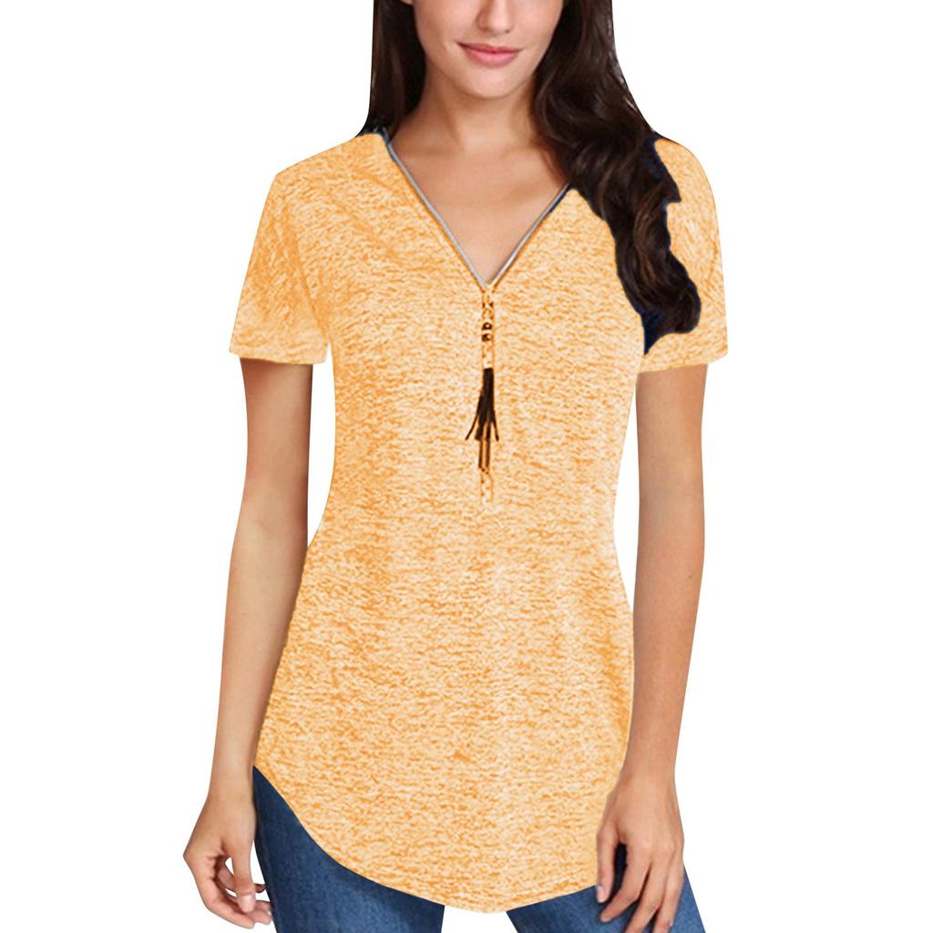 Women's Fashion Summer V-neck Tassel Zipper Color Short Sleeve Pullover T-shirt Top