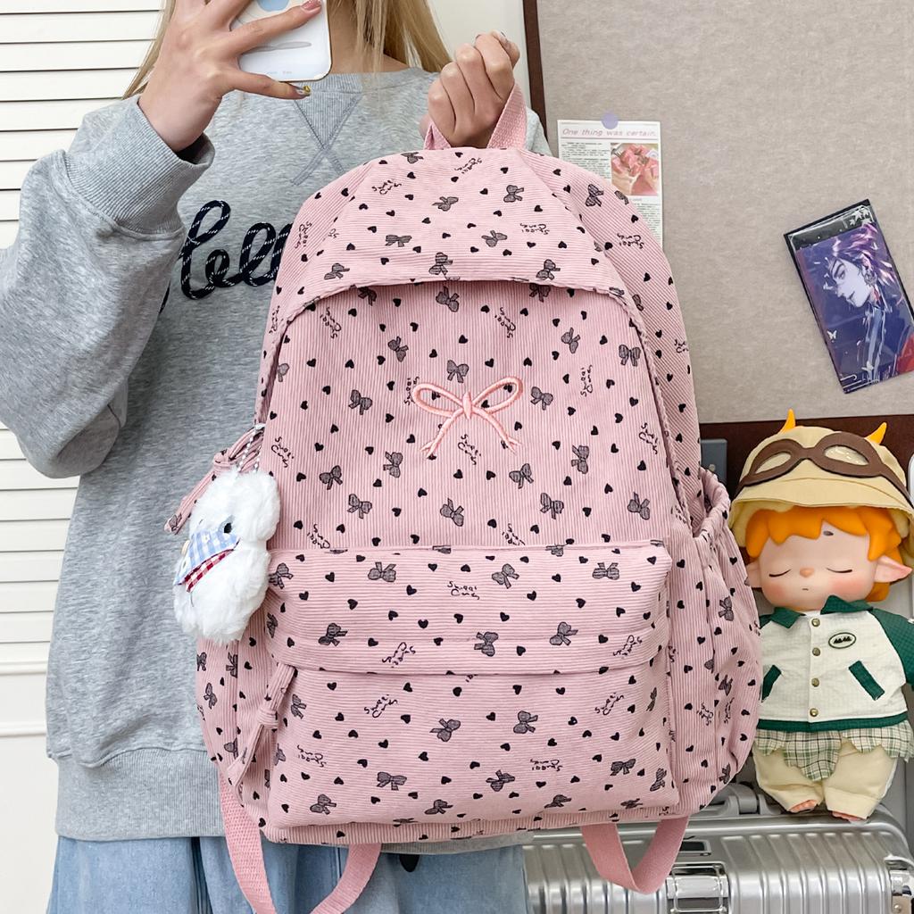 Schoolbag Korean Version Ins Versatile Sweet Backpack Large Capacity Corduroy Bow Campus Student Lightweight School Bag Women