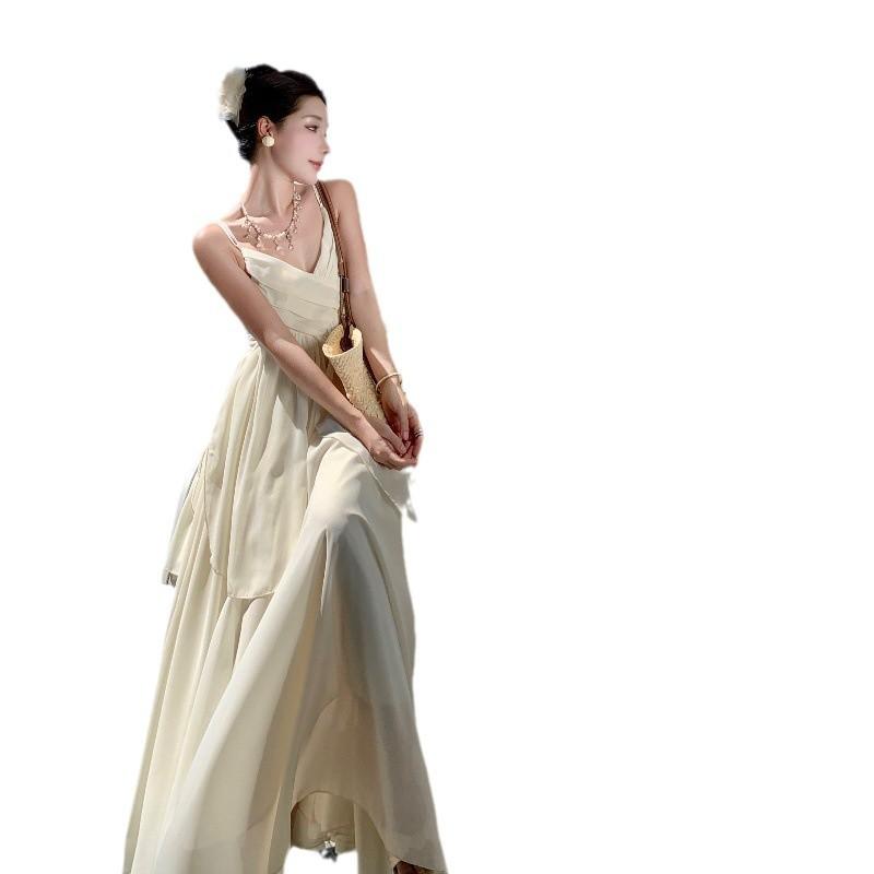 French retro pure desire style big skirt, suspender waist and thin irregular suspender fairy long skirt, super fairy vacation skirt