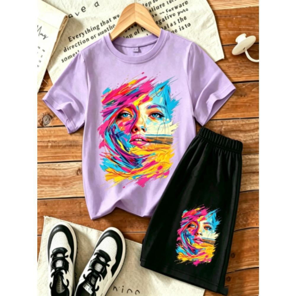 Women's Graffiti Printed Outdoor Street 15 Colors Women's T-shirt and Shorts 2 Piece Set Summer Home Casual Outfit Men's and Women's Sports Set