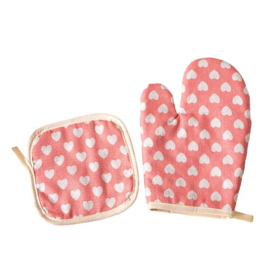 Thickened Cotton Oven Mitts with Heart Print Heat-Resistant Baking Gloves for Microwave Grill & Cooking Non-Slip Breathable Kitchen Essential