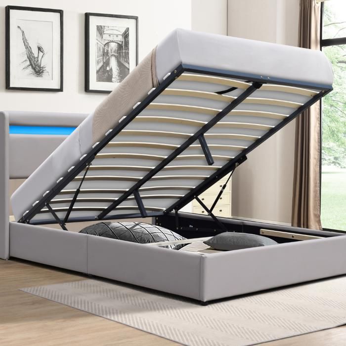 Lit coffre 140x200 - KING OF DREAMS - Dehoussable - Tête de lit LED - Montage rapide - PVC simili