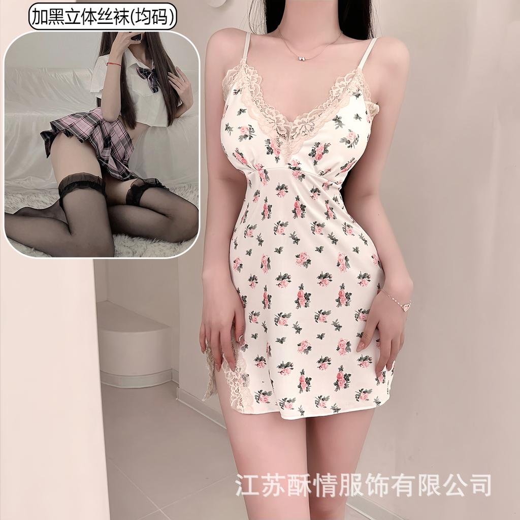 Crispy love bag chest lace pad pure hip suspender pajamas smashed flower sexy small chest pajamas color fresh wind short skirt