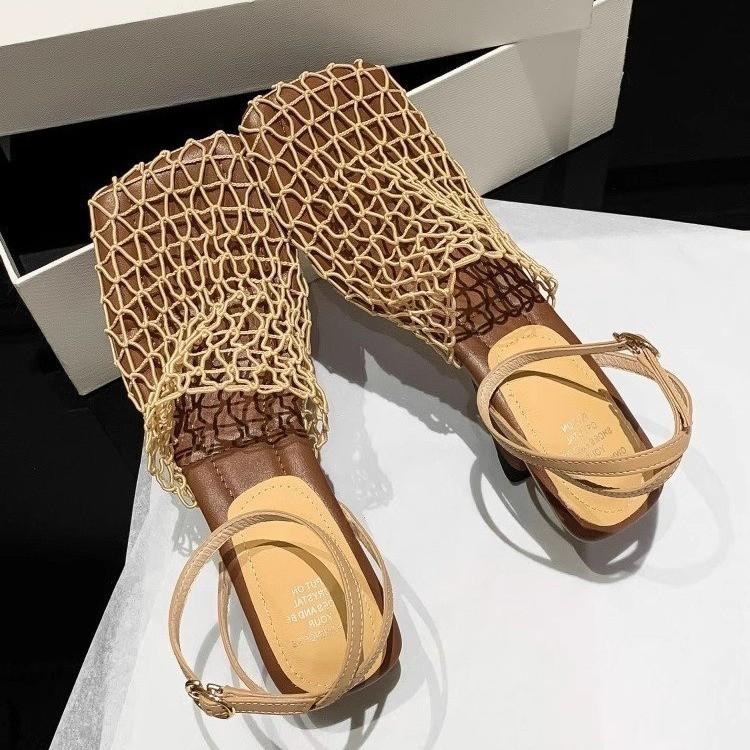 2025 Summer New Fashion Retro Woven Hollow Square Head Thick Heel Casual High Heels Women's Sandals