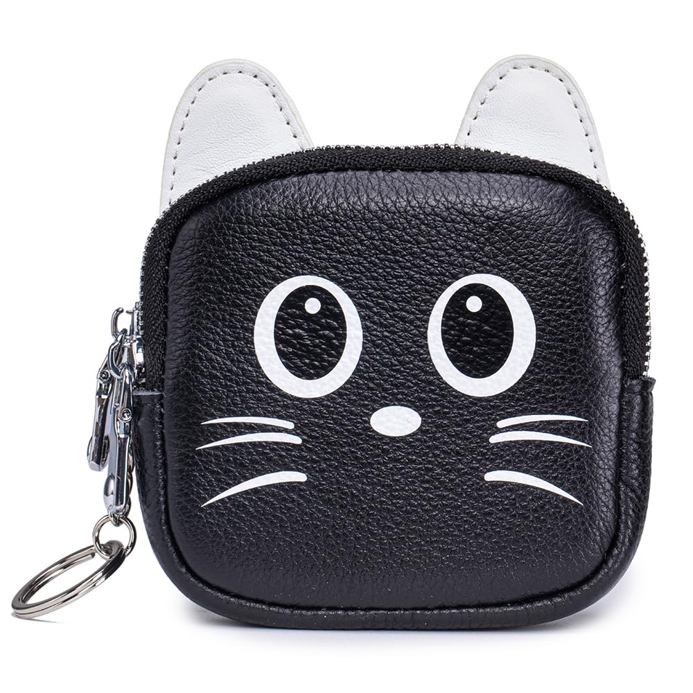Äkta Läder Katt Myntplånbok för Kvinnor, Sött Myntfodral med Nyckelring, Miniplånbok, Accessoarväska, Katt Minipåse med Nyckelring (Svart)