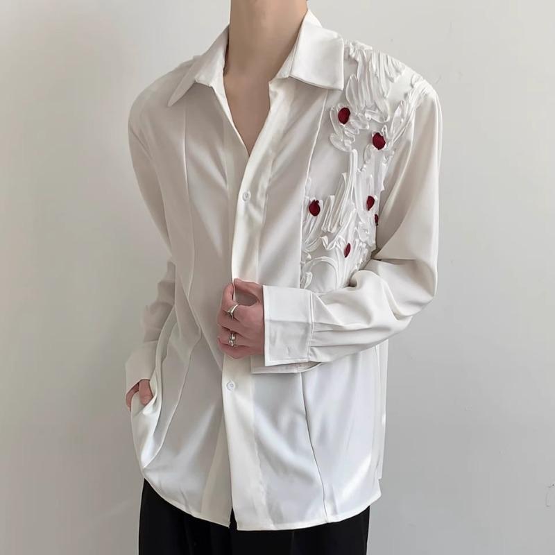 

Men s 3D Embossed Red Button Detail Long Sleeve Button Down Shirt Casual Streetwear Top S белый