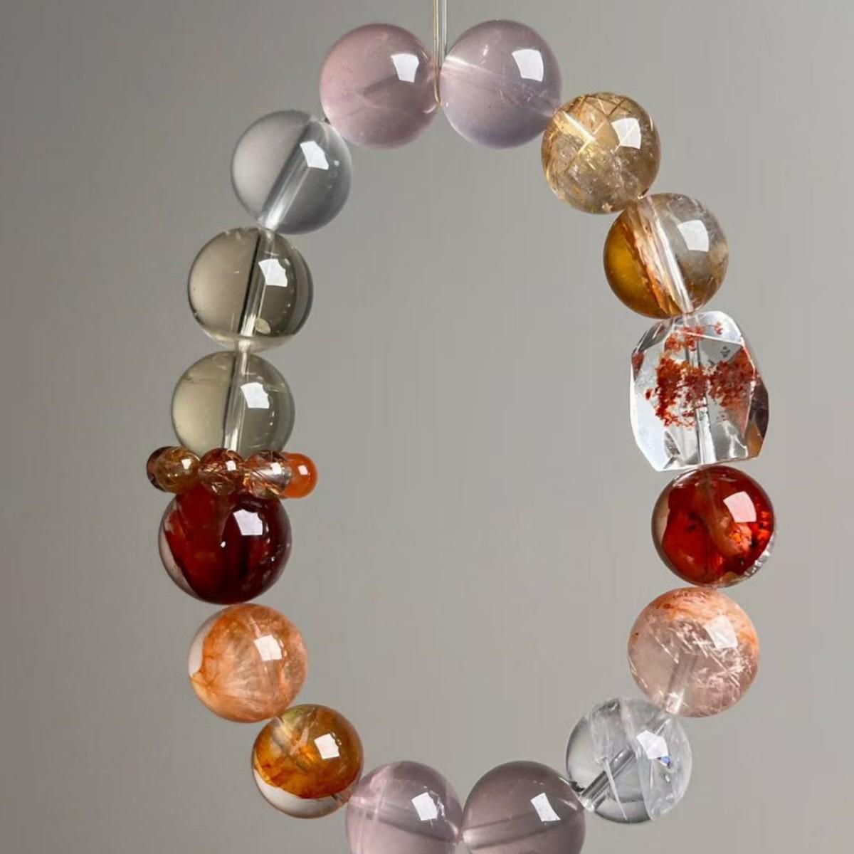 

Luxury Copper & Black Rutilated Quartz Multi-Crystal Bracelet with Floral Inclusions - High-End Fashion for Men & Women