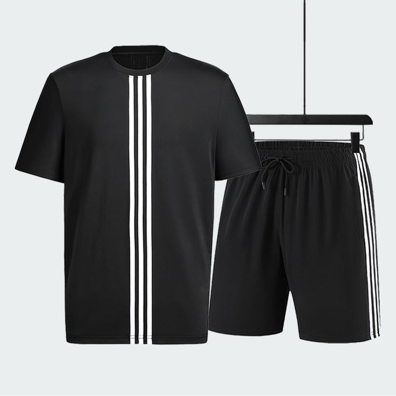 

Летний костюм из ледяного шелка, мужской, быстросохнущий, дышащий, спортивный костюм с круглым вырезом, шорты, с коротким рукавом, повседневный костюм L чёрный