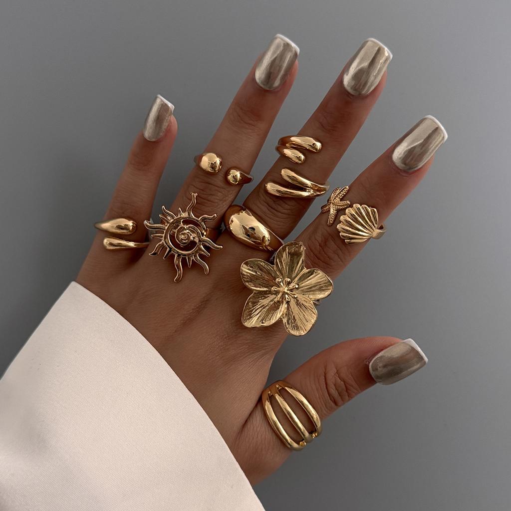 Accessories, Holiday Starfish Scallop Open Ring, Alloy Flower Ring Set Glossy