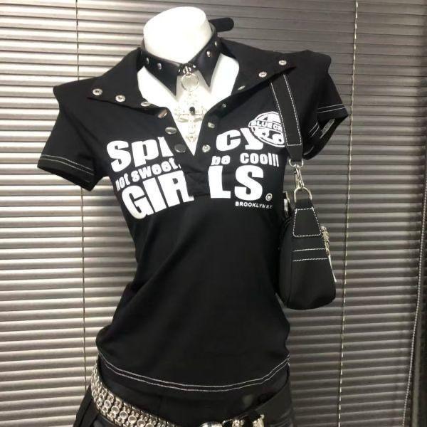 

Girls Y2K Tees Button V Collars Black Fashion T-shirts For Women Party Club Wear L