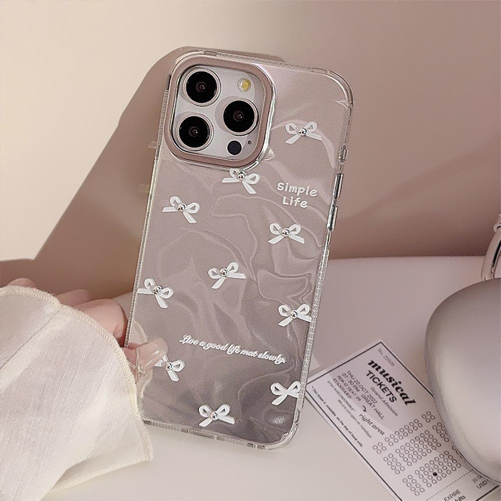 Capa de Telefone IPhone 16 Estilo Coreano Apple 13 Laço Branco Tridimensional 14promax Ondulação de Água 12 Rígida