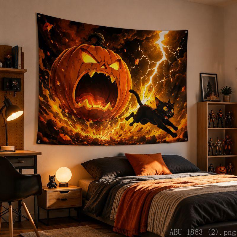 Halloween Tapestry Pumpkin Black Cat Lightning Maple Leaf Candle Print Bedroom Party Wall Hanging Decor Cloth