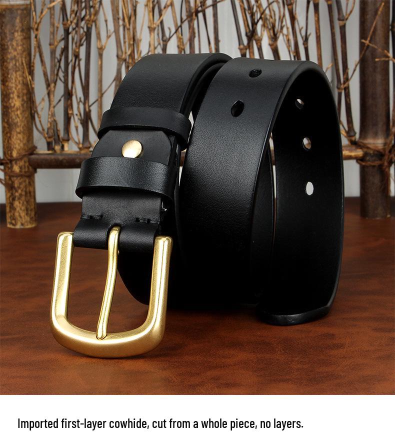 Men's Genuine Leather Belt with Solid Brass Buckle - European Retro Style, Durable Cowhide Waistband