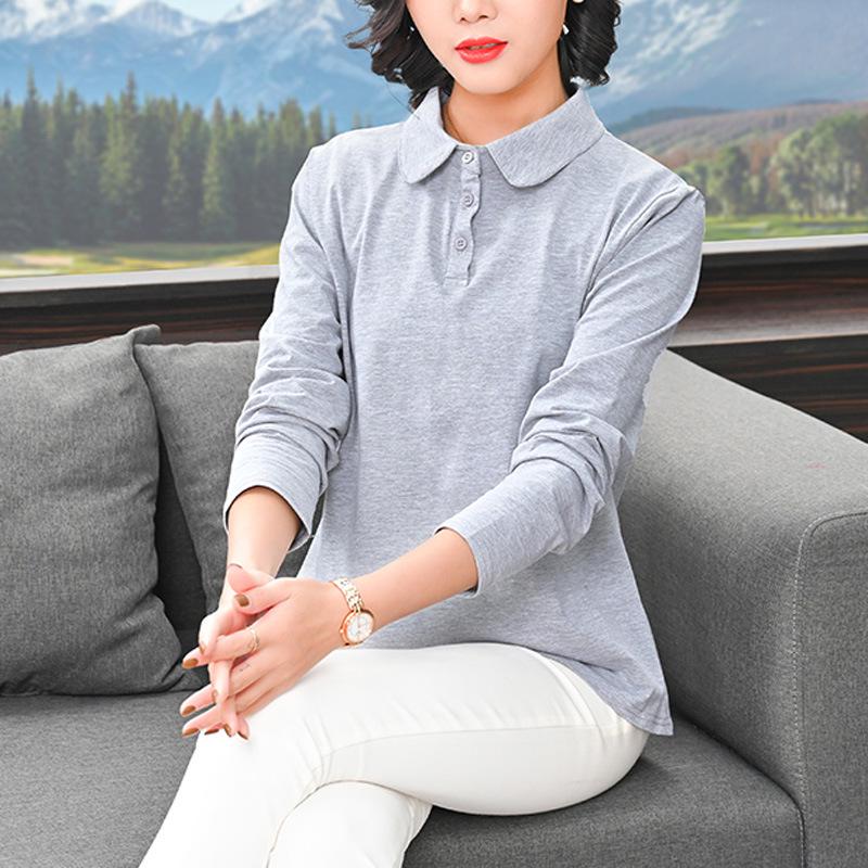 Solid Color Long Sleeve Polo Shirt for Middle-Aged Women - Spring/Autumn Pure Cotton Lapel Top with Collar