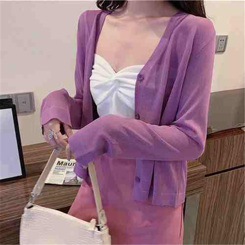 Módní letní pletené sluneční tričko Nové dámské ležérní kardigany s dlouhým rukávem V výstřih Tenký top Jednobarevné Jednoduché Elegantní halenky 3668