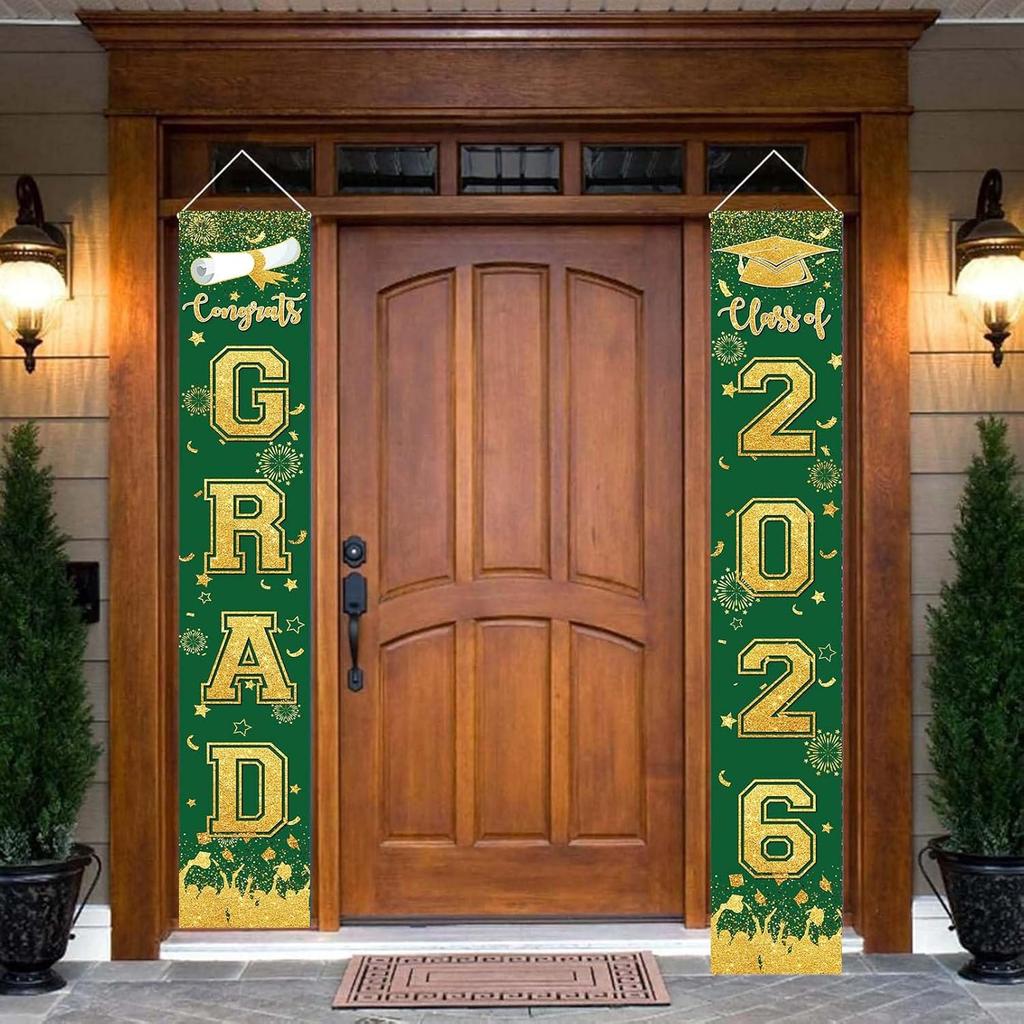 Green and Gold Graduation Decorations Class of 2026 Hanging Grad Banner - green Gold Congrats Grad Banner Porch Sign for Front Door, Graduate Door