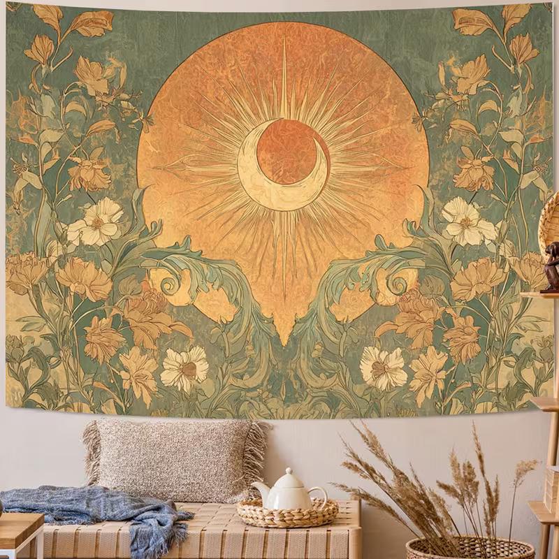 2D Art Nouveau Floral Tapestry Boho Sun Moon Home Background Decor