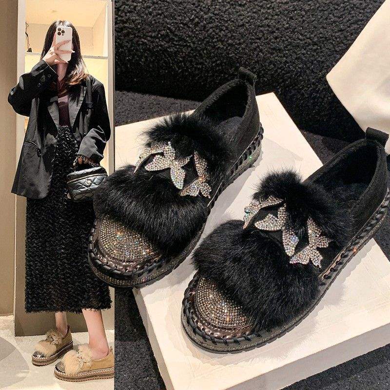 Tjockbottnade fluffiga skor för damer, nya vintermodeller 2025, enpedals loafers bomullsskor, strass sammet muffin Doudou-skor
