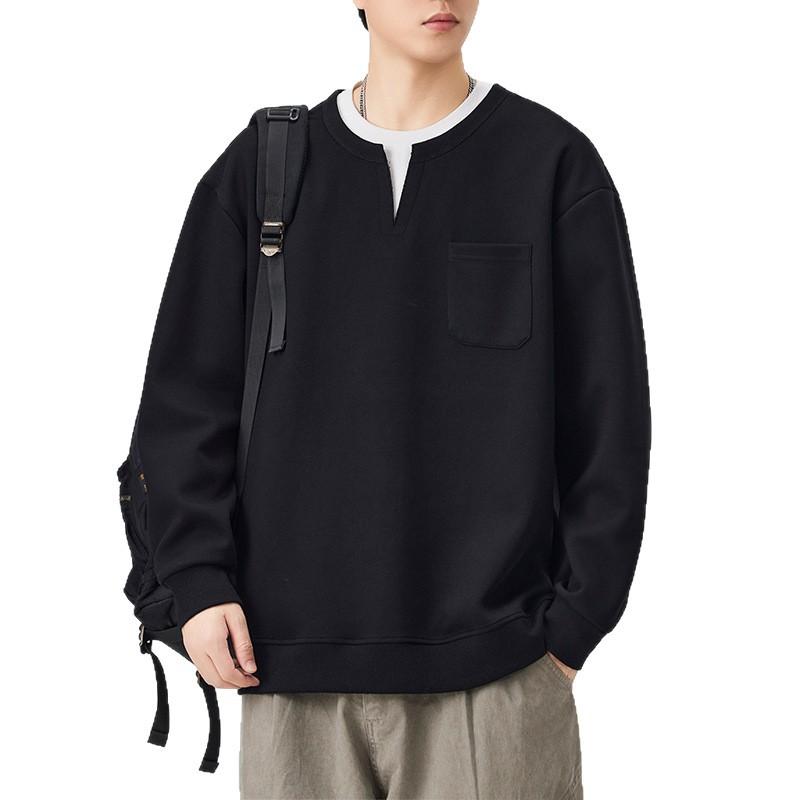 American Trendy Brand Solid Color Fake Two V-neck Sweater Men's Autumn and Winter New Pullover Long-sleeved Bottoming Shirt