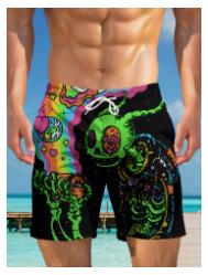 Green Alien Skull 2025 Fashion Beach with 3D Printing, Quick Dry Summer Men s Shorts S